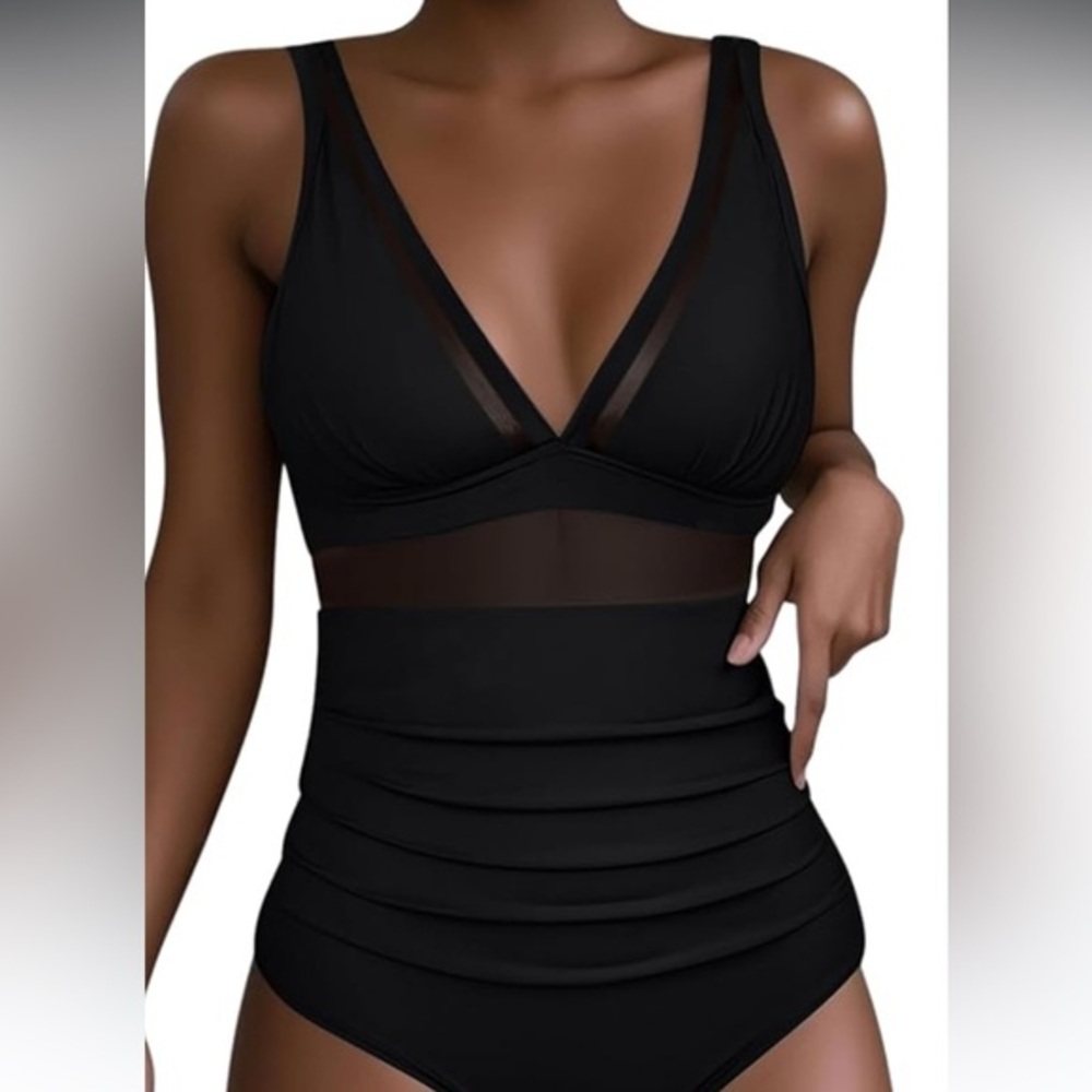 Black one piece, mesh ladies swimsuit